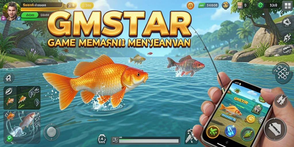 Screenshot utama gameplay GMSTAR menampilkan aksi memancing yang seru.